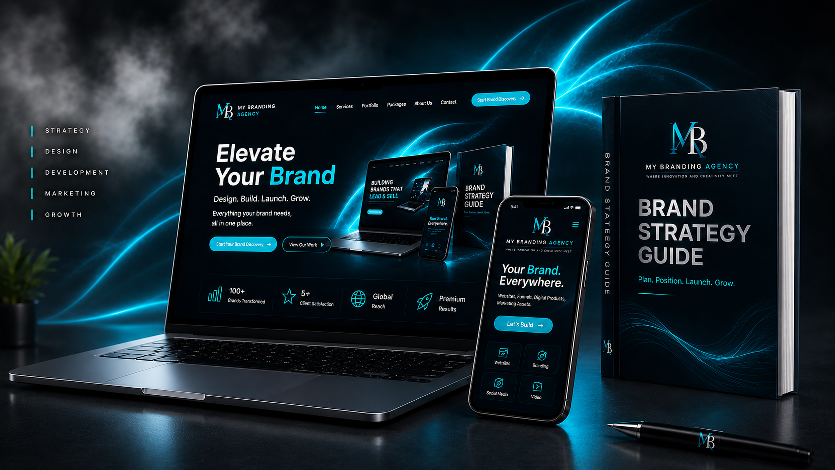 My Branding Agency concept featuring a branded website on a laptop, mobile experience and brand strategy guide
