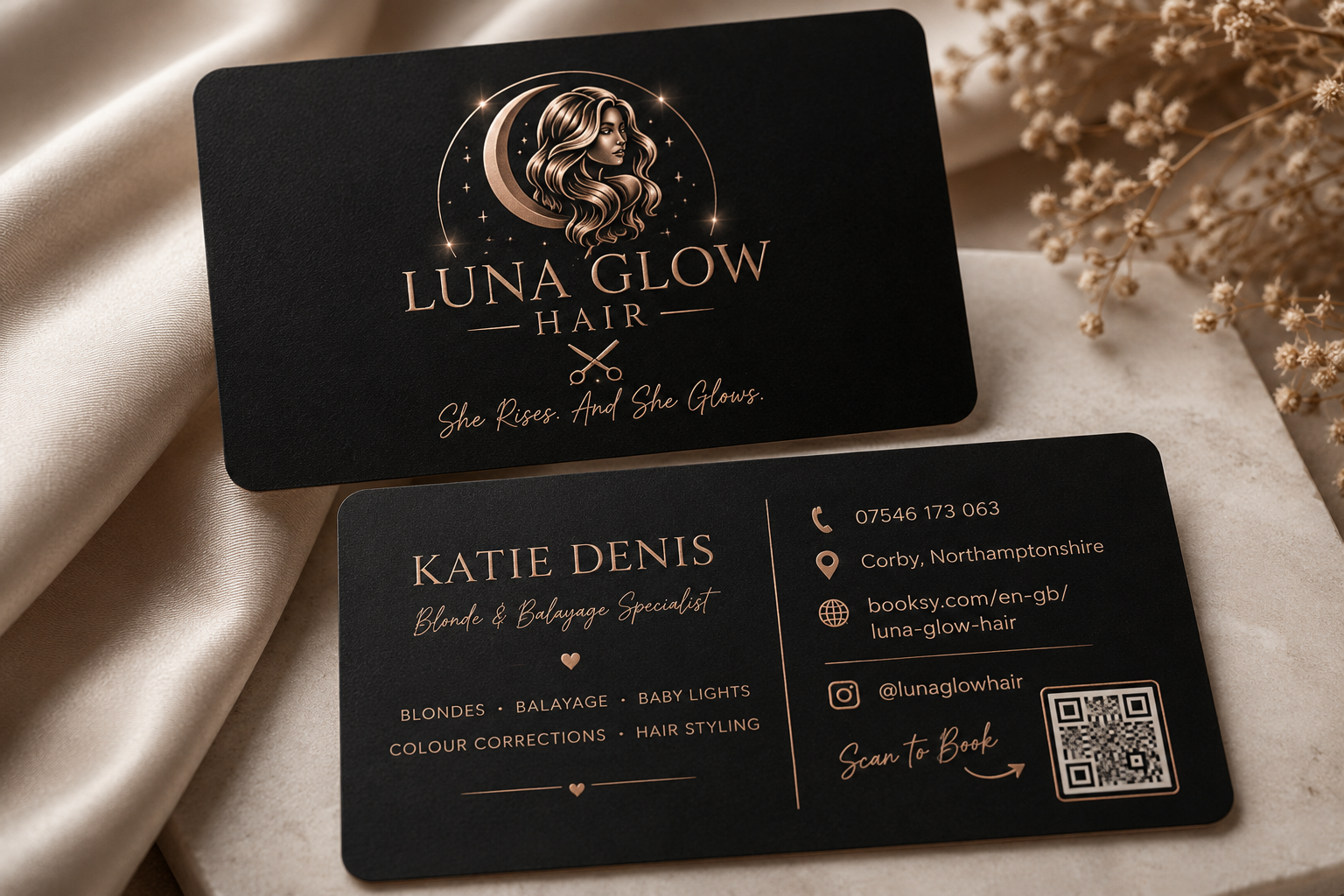 Luna Glow Hair brand identity concept shown on black and copper business cards
