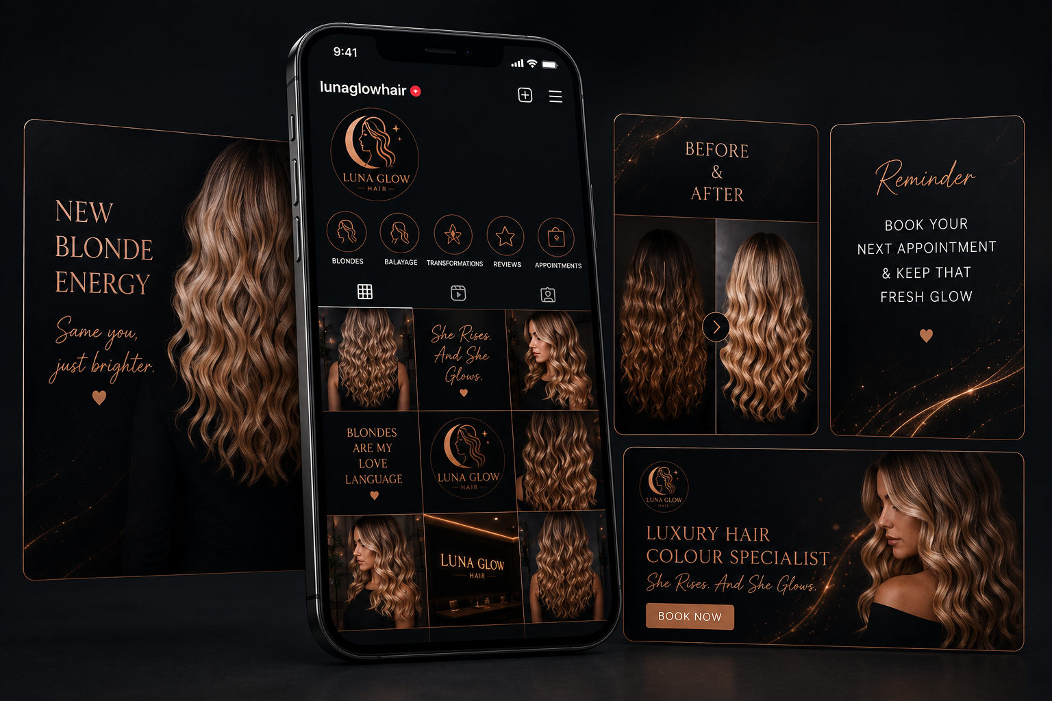 Luna Glow Hair social media concept featuring a phone and coordinated content designs